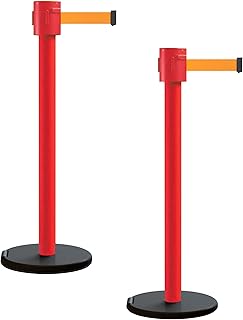 Montour Line MSE760 Set of 2 Retractable Belt Barrier Stanchion, Roller Base, Red Post (35 ft Fluorescent Orange Belt)