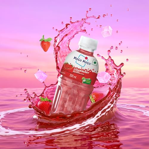 Image of Mogu Mogu Strawberry Juice with Nata de Coco Jelly 320ml (Pack of 6), Refreshing Tropical Thai-Made Sip & Chew Beverage