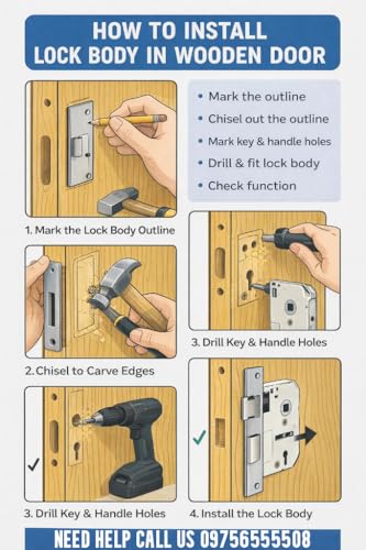 Image of 8 inch Mortise Door Lock for Home Main Door & Bedroom with Handleset | Heavy-Duty 65 mm Brass Cylinder | Left-Right Fit 30-50mm Door Home Office Hotel | 3 Brass Keys | Matt Finish | CY-1005