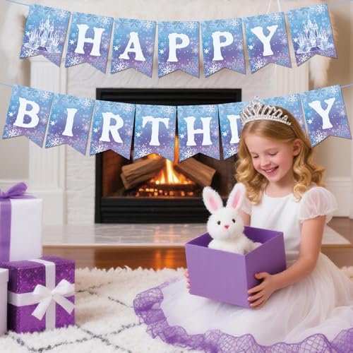 Image of Frozen Happy Birthday Banner - Winter Snowflake Garland Bunting for Winter Wonderland Birthday Christmas Party Decoration Supplies Girls Princess