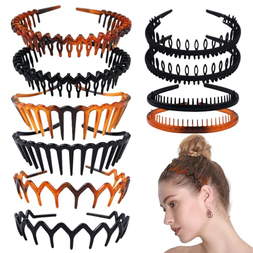 SHEHARUHI 10 PCS Zig Zag Headbands Non Slip Fashion Plastic Headbands with Teeth Loop Hair Accessory for Women Men Teen Girls Hair Decorations, Black, Brown
