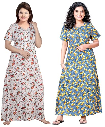 Image of Keyocean Women's Cotton Printed Nighty Night Gown Maxi Free Size (Pack of 2) Grey & White