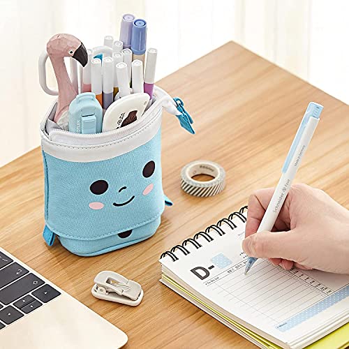 Image of Polyester Standing Case Cute Pencil Pouch For Girls - Korean Boba Pop Up Stationery Makeup Cosmetic Organizer Box | Pen Pencil Pouches | Stationary for Boys Kids Women School Students(Blue)