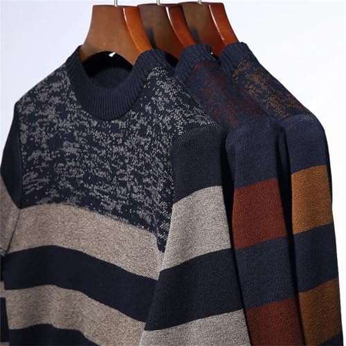 Mens Winter Fashion Simple O-Neck Pullover Sweater Contrast Striped Spliced Warm Long-Sleeved Tops 6