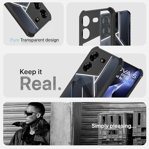 Image of Pikkme Tecno Pova 5 / Tecno Pova 5 Pro 5G Back Cover | Crystal Clear Transparent Back | Ultra Hyrbid | Full Camera Protection | Raised Edge | Bumper Back Case (Black)