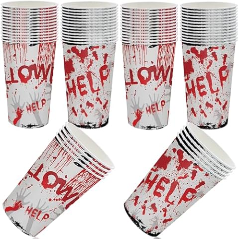 QXBXYHM 100 Pcs Halloween Blood Printed Paper Cup, Disposable Bloody Handprint Party Cups, Scary Printed Drinking Cups for Halloween Themed Party Supplies Soda Juice Drinks (100, Halloween - A) Cover