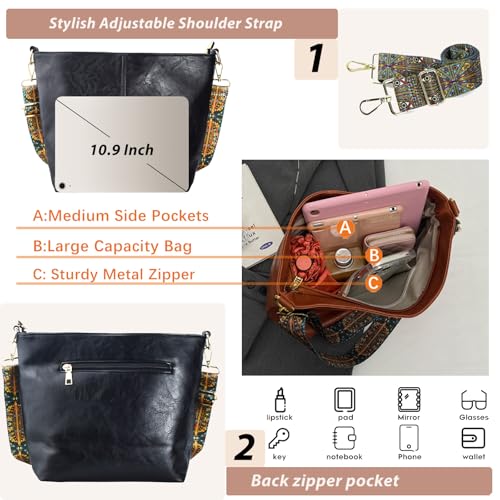 Image of Hobo Bags Vegan Leather Crossbody Bag Guitar Strap Shoulder Purses with Zipper Handbags for Women