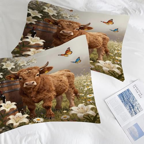 Image of Highland Cow Comforter Set Full Size Wildlife Farmhouse Cow Bedding Sets for Girls Boys Kids Adults Bedroom Decor 3D Kawaii Flower Animal Quilt 1 Comforter 2 Pillowcases