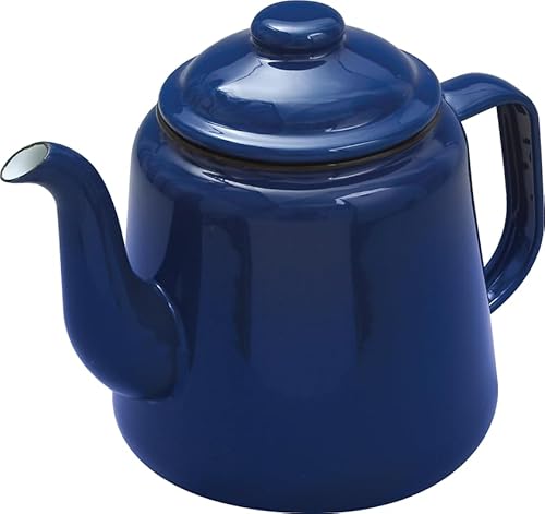 VG® Enamel Teapot with Handle & Lid Traditional Flat Base Suitable for All Hob Types >Induction 1.3 Litre 14cm Campers, Everyday Use Unbreakable Stove Top Kettle Rugged Beautiful Functional Blue