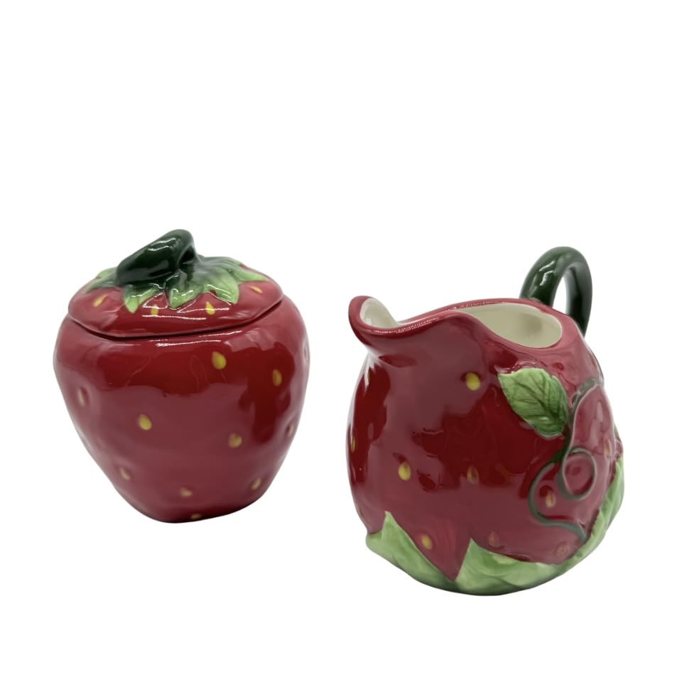 Set de Azucarero y Lechera Vintage en Forma de Fresa – Juego de Azucarero Cerámica con Tapa – Azucarero Rojo Cocina Gres 11x20 cm