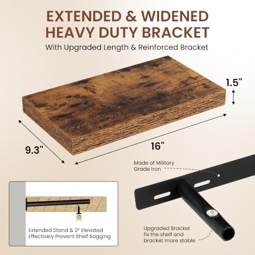 Image of Dreamland 16 Inches Floating Shelves for Wall,9.3 inch Deep Long Floating Shelves Set of 2,Large Display & Storage Shelf,Wall Shelf for Bathroom Bedroom Living Room Kitchen Office,Rustic Brown