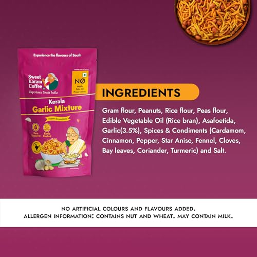 Image of Sweet Karam Coffee Kerala Garlic Mixture - Pack of 4 (95g each) | Crispy South Indian Snack | No Palm Oil or Preservatives | Bold & Spicy Flavor | Authentic Homestyle Tea-Time Mixture