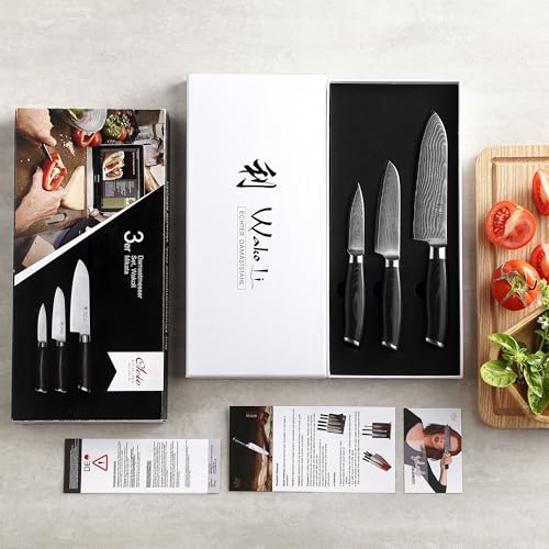 Foto von Wakoli Mikata Küchenmesser Damastmesser Set (3-teilig) Messer Set aus 67 Lagen Damaststahl - Kochmesser mit ergonomischem Griff - Scharfe Messer für Fleisch, Fisch & Gemüse - Messerset in Geschenkbox