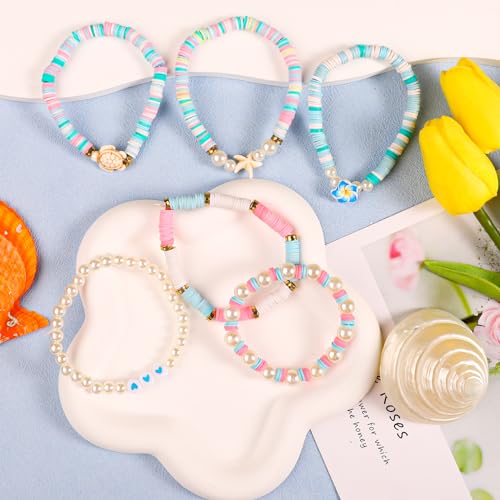 6PCS Clay Bead Bracelets for Women Preppy Cute Bracelets Jewelry Set Colorful Evil Eye Polymer Pearl Beaded Stretch Bracelets Jewelry for Women…3