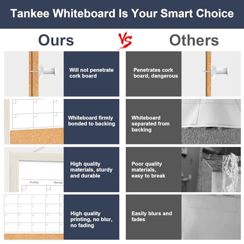 TANKEE 17"x13" Whiteboard Calendar Cork Board Combo, Magnetic White Board Monthly Calendar with Wood Framed, Hanging Dry Erase Board for Kitchen Home Office Planner image 6