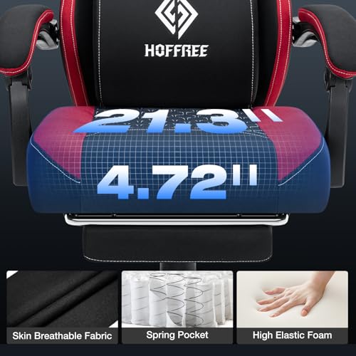 HOFFREE Gaming Chair Computer Chair Fabric with Pocket Spring Cushion Massage Game Chair with Footrest Ergonomic Gamer Chair with Lumbar Support Reclining Gaming Chairs for Adults Red and Black の商品画像 4