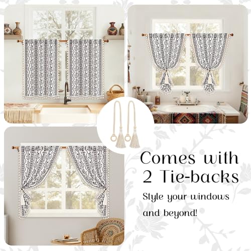 Image of Yinhua Boho Kitchen Curtains 36 Inch Length Vintage Linen Cafe Curtains Light Filtering Bohemian Floral Tier Rod Pocket Farmhouse Rustic Tassel Small Drapes with Tiebacks, 2 Panels, White Black