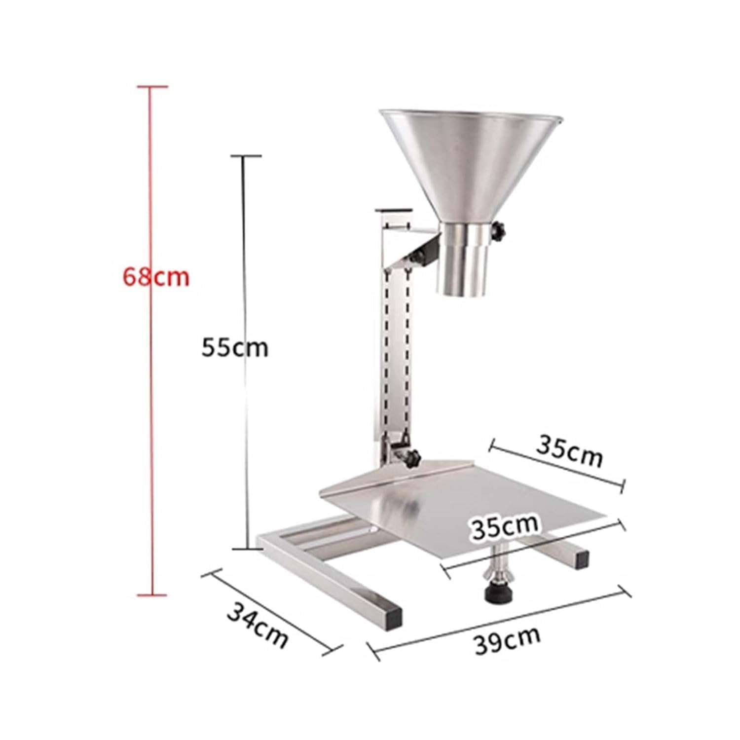 Fertigfuttertrichter mit Halterung und Tablett, höhenverstellbar für Pulver, Flüssigkeit, Granulatverpackungen, 304 Edelstahl, 50 kg Kapazität, mehrere Exportdurchmesser (2–18 cm)