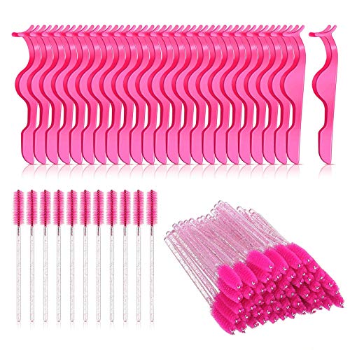 30 Pieces Plastic Eyelash Extension Tweezers False Eyelash Applicator Tool Eyelash Auxiliary Clip and 100 Pieces Eyelash Brush Mascara Wands Applicator for Eyelash Application (Rose Red)