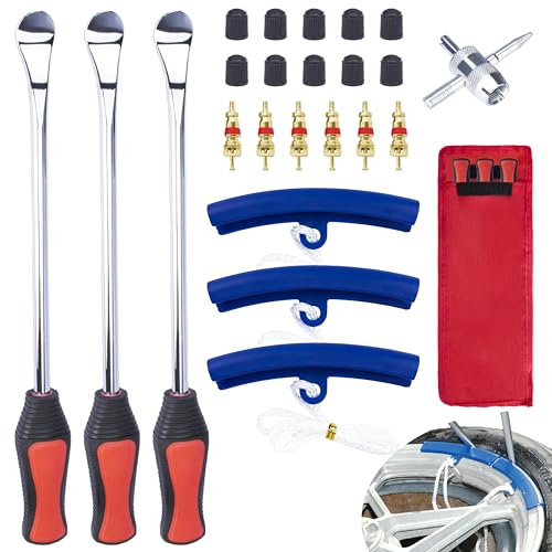 ecocstm 12.2 Inch Tire Spoons Dirt Bike Tire Changing Tools Tire Changing Kit Tire Removal Tool with Rim Protector Valve Tool Valve Cores and Caps for Motorcycle/Lawn Mower/Tractor/Bicycle