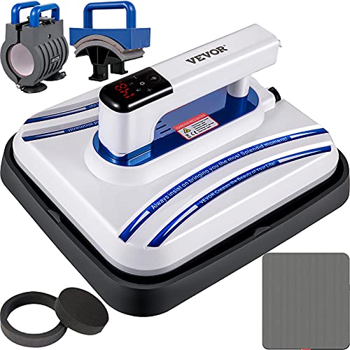VEVOR Portable Heat Press 12x10 Inch 5 in 1Easy Press 800W Mini Heat Press with Mug and Hat press Attachment Automatic Heat Press Machine for T Shirts Bags Hats Mugs and Small HTV Vinyl Projects(Blue)