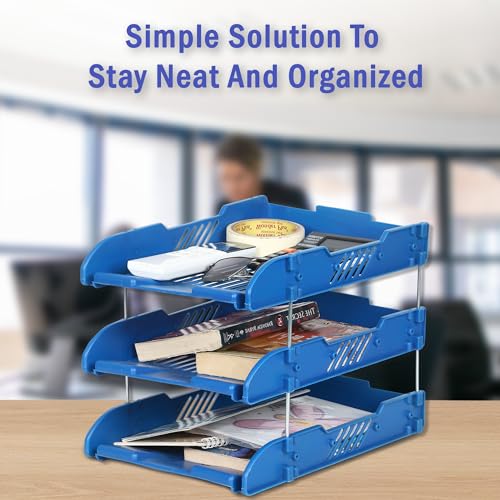 Image of File Tray Rack ABS Plastics | Foldable Office Desk Accessories | Durable & Sturdy | Easy Assembly | Efficient Organizer | Plastic Office Stationery Files Layer Rack (3 Layer, Blue)