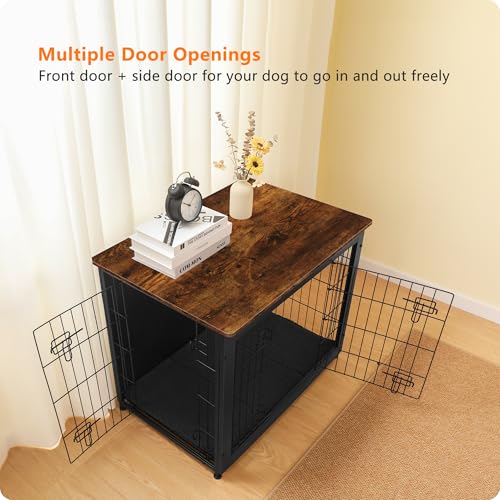 DWANTON Dog Crate Furniture with Cushion, Wooden Kennel Table with Double Doors, Indoor Dog House, Medium Size, 32.5" L, Black+Rustic Brown - Image 3