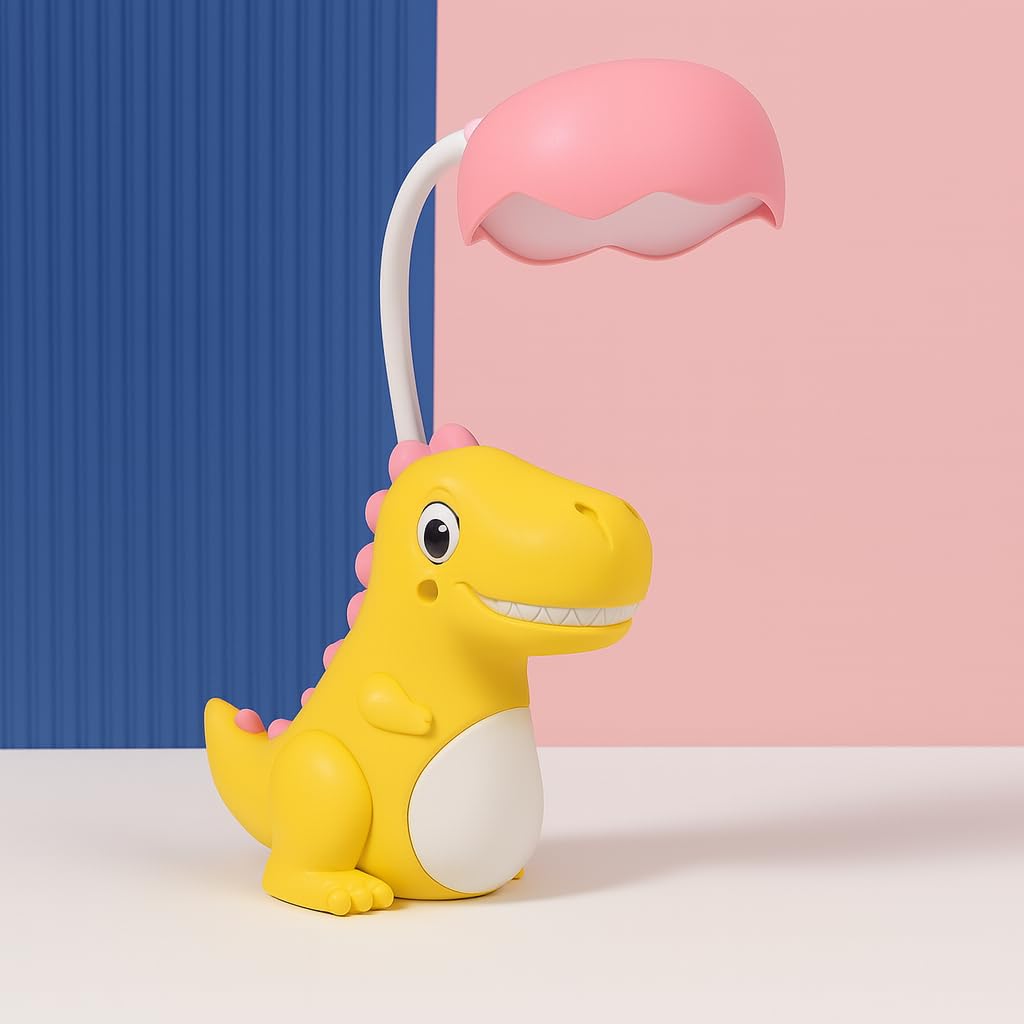 DTR Creation Cute Dinosaur Shape LED Desk Lamp | Rechargeable Study Lamp with Adjustable Neck | Eye Protection Night Light for Kids Bedroom & Study Table (Pink & Yellow)-image-3