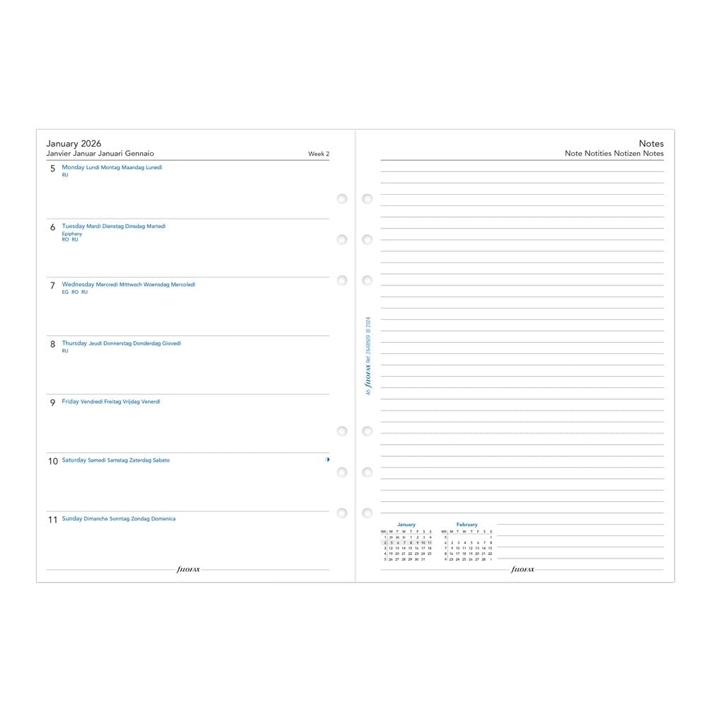 Filofax Calendar Diary Refill, A5 Size, Week on One Page with Notes, White Paper, Multilingual: Five Languages, 2026 (C68509-26)
