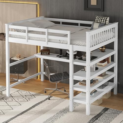 KecDuey Cama alta con somier de láminas de madera, con escaleras, estantes y escritorio bajo la cama (blanco, 140 x 200 cm), WX000114