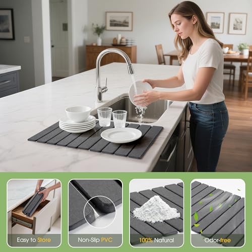 HABUTWAY Large Stone Dish Drying Mat for Kitchen Counter 24"16" Collapsible Diatomaceous - image 4