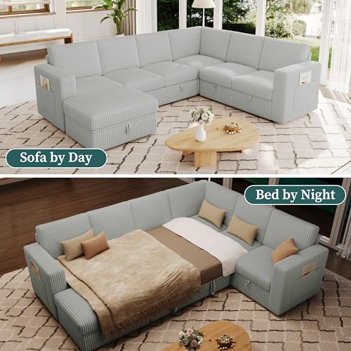 Image of 106.7 inch Corduroy Sectional Sleeper Sofa Pull Couch with Storage Light Gray