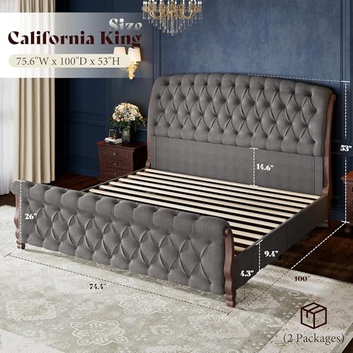 Image of AMERLIFE Upholstered California King Bed Frame, 53 inch Tall Sleigh Bed with Button Tufted Chenille Headboard and Footboard, Platform Bed with Carved Solid Wood Legs, No Box Spring Needed, Dark Gray
