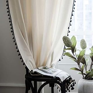 USTIDE Beige Farmhouse Curtain 1 Panel Semi Blackout Rod Pocket Curtains Cotton Retro Window Curtains with Black Tassels for Dining Room,Living Room,Bedroom,White,59W×63L(150×160cm)