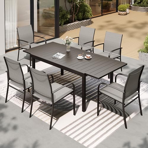 SUNSHINE VALLEY 7 Piece Patio Dining Set for 6, Rectangular Metal Extendable Table with 6 Brown Dining Chairs, Patio Table and Chairs for Backyard Lawn,Deck