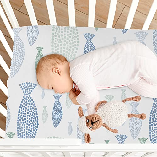 Image of Fish Fitted Crib Sheet for Boys Girls Baby Crib Sheet Crib Mattress Sheet Baby Mattress Sheets for Pack N Play Mattress Pad,52 X 28 in
