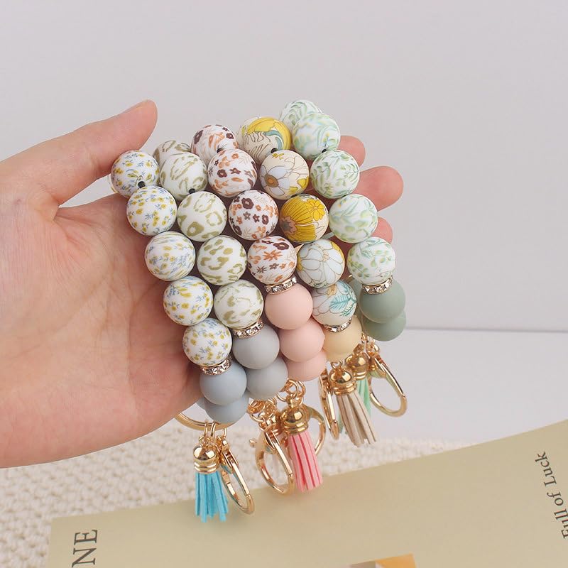 Image of Silicone Beaded Bracelet Keychain Wristlet Cute Car Key Chain Holder Wallet Bag Charm Accessory