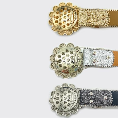 Women Rhinestones Snap Belts Bling Multi-color Studded Western Cowgirl Shiny Sequin Strap with Sunflowers Buckle3