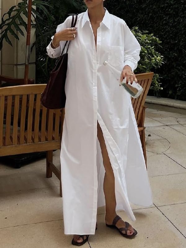 Image of UOOZEE Women's Long Sleeve Maxi Shirt Dress Button Down Side Slit Loose Flowy Vacation Sundress