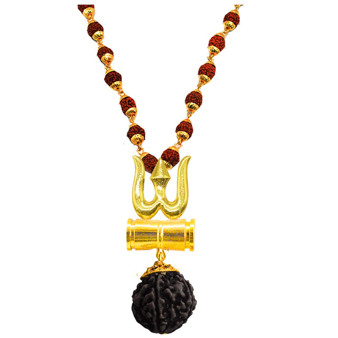 Religious Trishul Damaru Locket With Gold Plated Cap Panchmukhi Rudraksha Mala Gold And Brown Brass And Wood Religious Jewellery Pendant Necklace Chain For Men And Women