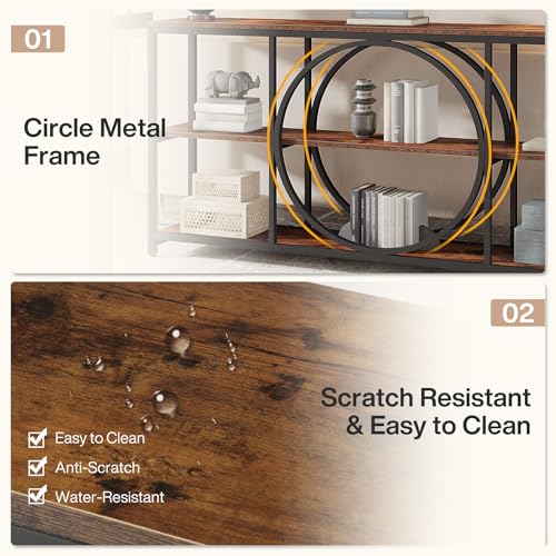 Tribesigns Extra Long Console Table, 70.9 inch Narrow Sofa Tables with 3 Tier Wood Storage Shelves Industrial Metal Frame for Entryway Hallway Living Room Behind Couch, Rustic Brown Black