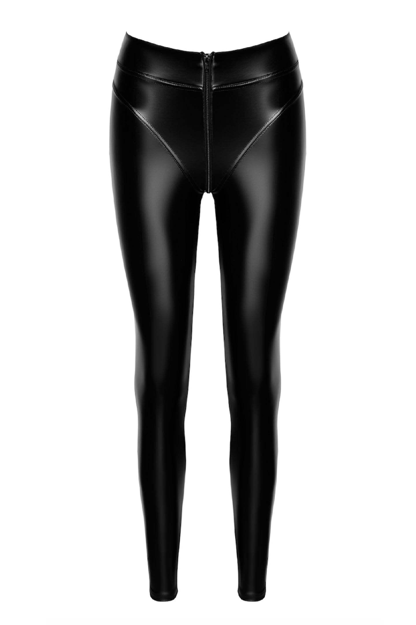 Noir Handmade F332 Ouvert Wetlook Leggings, leggings neri con cerniera a 2 vie: materiale elastico per un'eleganza confortevole
