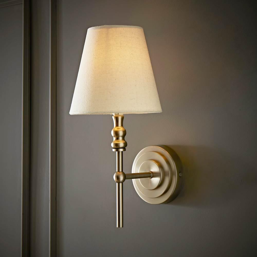Valuelights Silver | Maggie Brushed Chrome Candlestick Wall Light With Linen Shade And Bulb | Wall Lights, Home Décor & Improvement Essential |