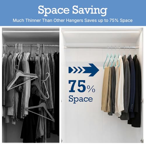 Image of HOUSE DAY Sky Blue Velvet Hangers 60 Pack, Non Slip Clothes Felt Hanger Heavy Duty for Coat, Premium Slim Space Saving Suit Hangers for Closet Organizer, 360 Rotating Silver Hook