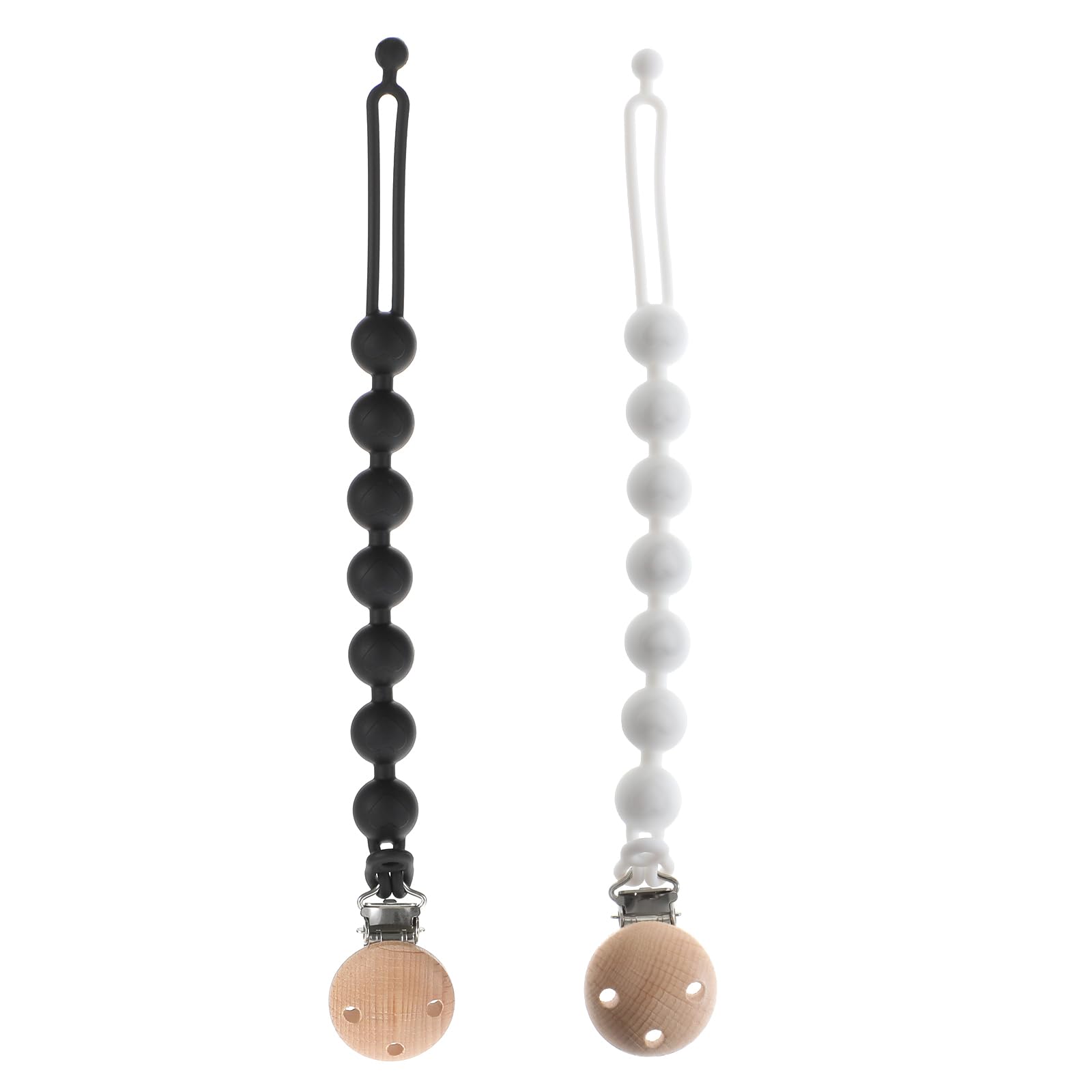 Silicone Pacifier Clips for Baby, 2-in-1 One Piece Design Pacifier Holder & Teething Ring Toy, BPA Free, 2 Pack (White+Black)