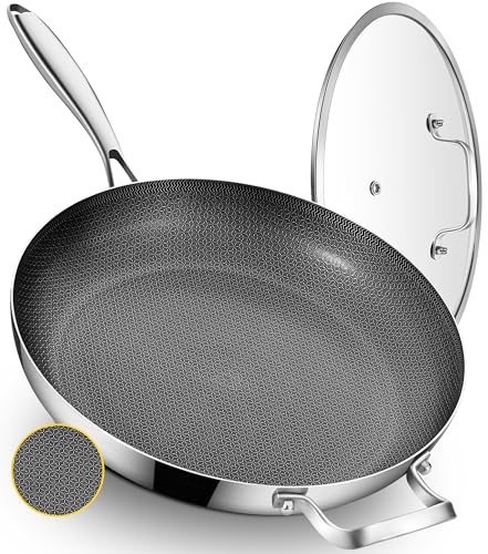 Bzayeat Sartén híbrida de cerámica antiadherente de acero inoxidable de 33 cm con tapa, sartén grande, sartén de inducción para chef, apto para lavavajillas y horno, mango desmontable.