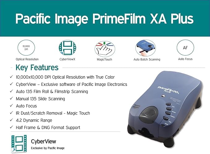 Pacific Image PrimeFilm XA Plus Film Scanner, Auto Roll Film and 35mm Film Strip Scanning, 10000 dpi/48-bit Output. 4.2 Dynamic Range, Support Mac/Windows