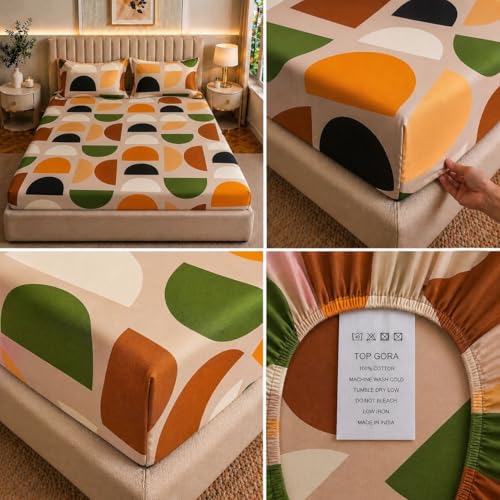 Image of Castiqa Elastic Fitted Supersoft Premium Brushed Cotton 200TC Double Bedsheets King Size 78x72 Inch with 2 Pillow Covers (Fits Upto Mattress of 10 Inches) (Orange)