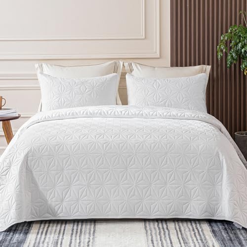 Whale Flotilla Couvre-Lit 220x240 cm avec 2 Taies d'oreiller, Dessus de Lit Gaufré Doux Léger avec Motif Géométrique pour 4-Saisons, Blanc