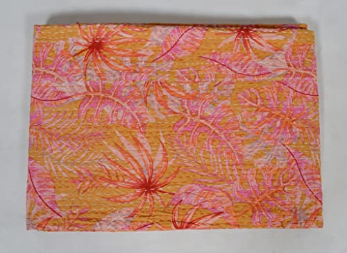 V Vedant Designs Indian Kantha Quilt Handmade Floral Print Kantha Bedcover Throw Cotton Blanket Gudari Twin and Queen Size Kantha Quilt (Orange, Queen)
